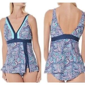 Skirted Geometric Swim dress /Swimsuit Paisley Multicolor Size 14 New